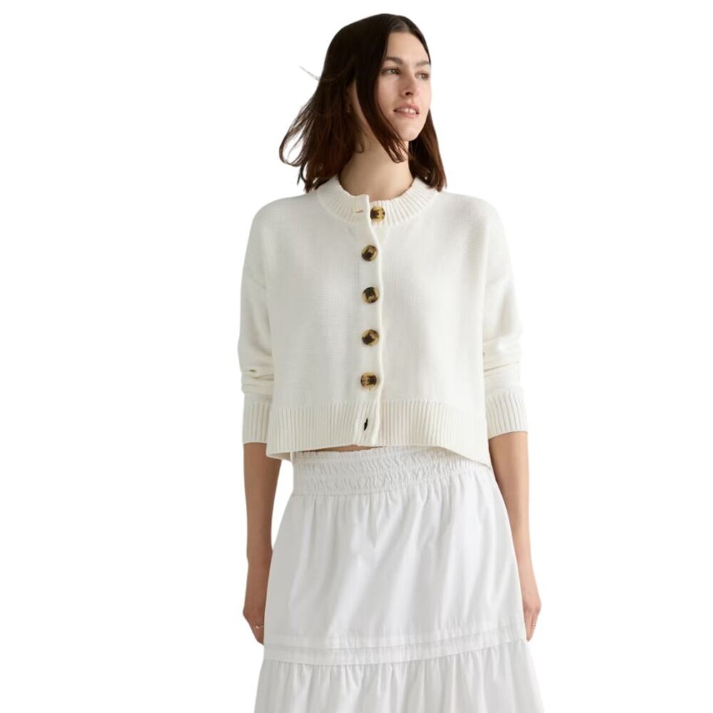 VGUC Quince Women's M Organic Cotton Cropped Cardigan Ivory Preppy Retro Boho